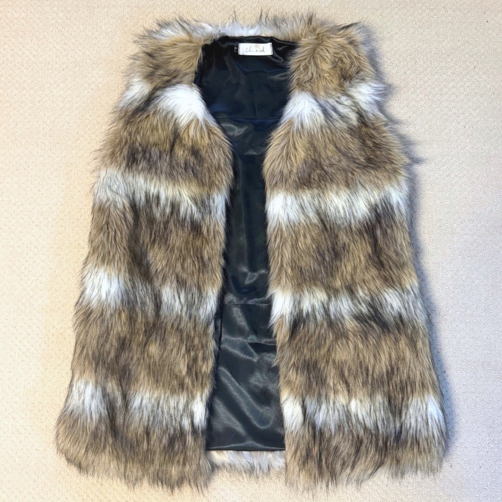 70s Style Faux Fur Vest Womens Large Brown White Glam Shaggy Penny Lane Festival